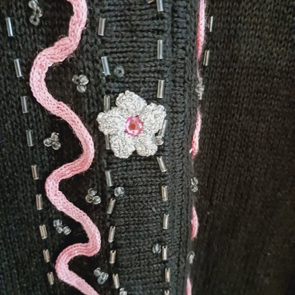 Storybook Knits LRG Long Black Cardigan Sweater Embellished Pink, Silver, Black - Picture 8 of 16